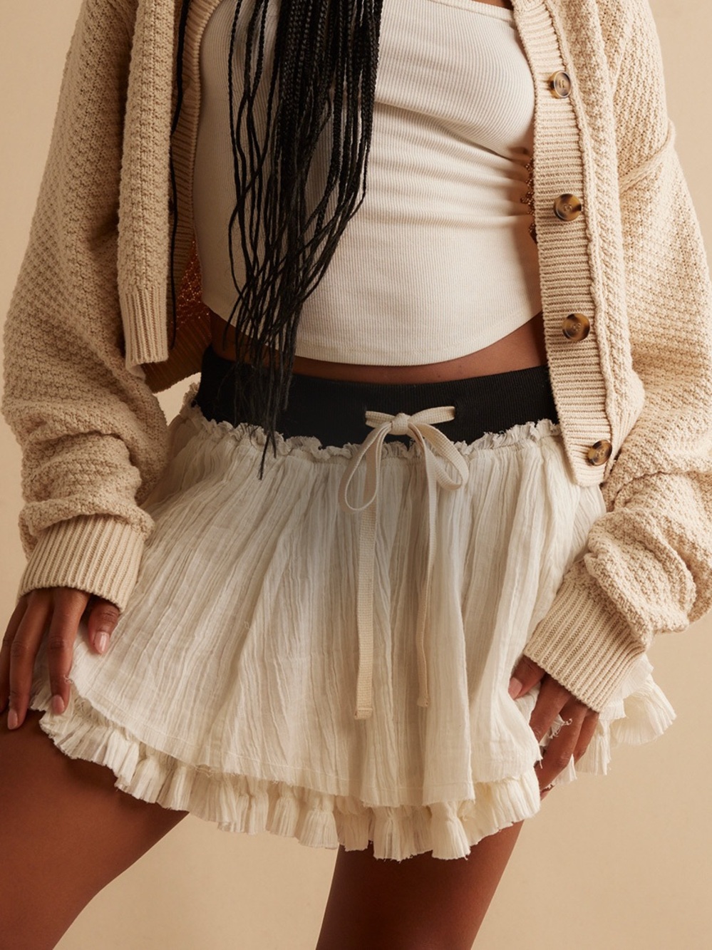 Free People Cream Tiered Mini Skirt with Black Waistband